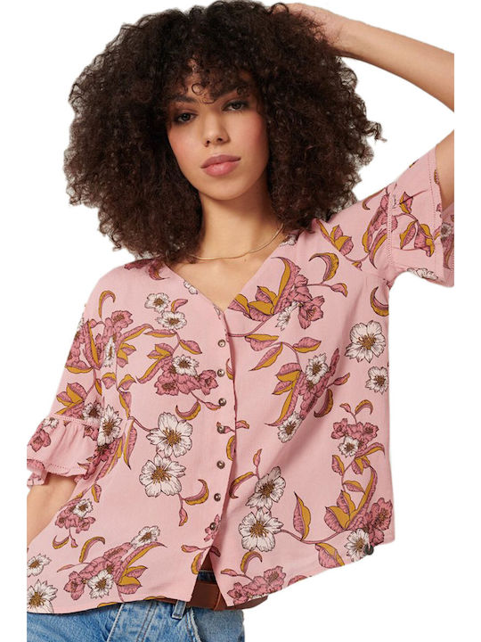 Kurzärmelig Damen Hemd Rosa Blumen