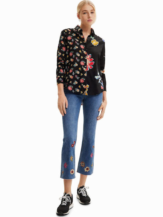 Langärmelig Damen Hemd Schwarz Blumen