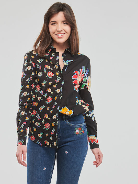 Langärmelig Damen Hemd Schwarz Blumen