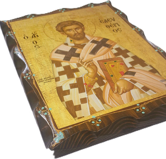 Saint Icon of Saint Eleftherios Height 31cm Width 22.5cm Natural Wood