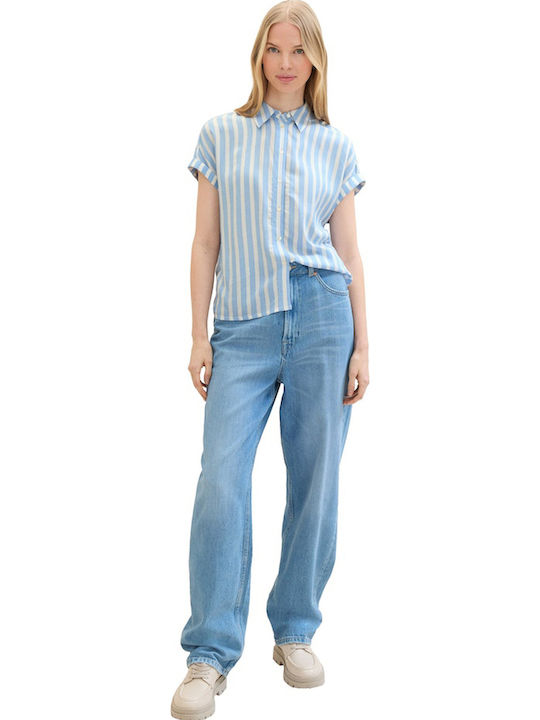 Къс ръкав Женска Риза Offwhite Blue На райета