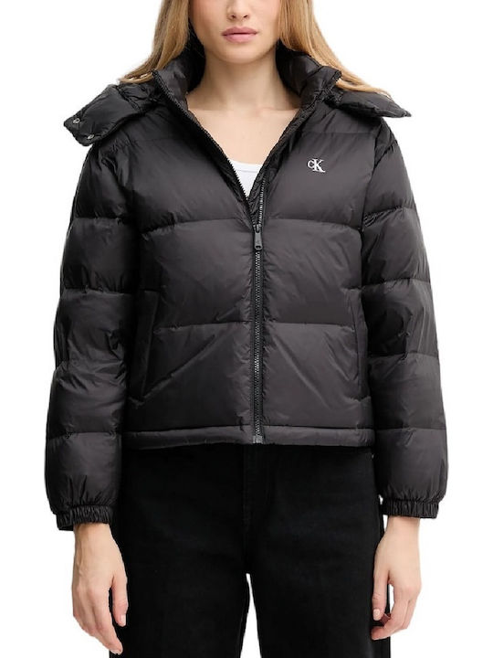 Women's Short Puffer Jacket for Winter with Hood Black