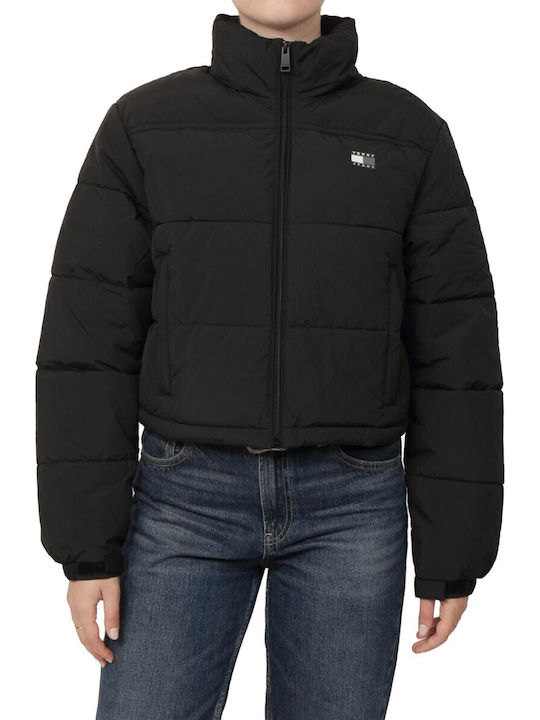 Crop Γυναικείο Puffer Μπουφάν Αδιάβροχο για Χειμώνα Μαύρο
