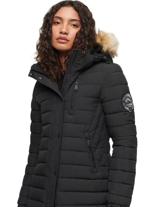 Fuji Women's Long Puffer Jacket for Winter with Hood Black