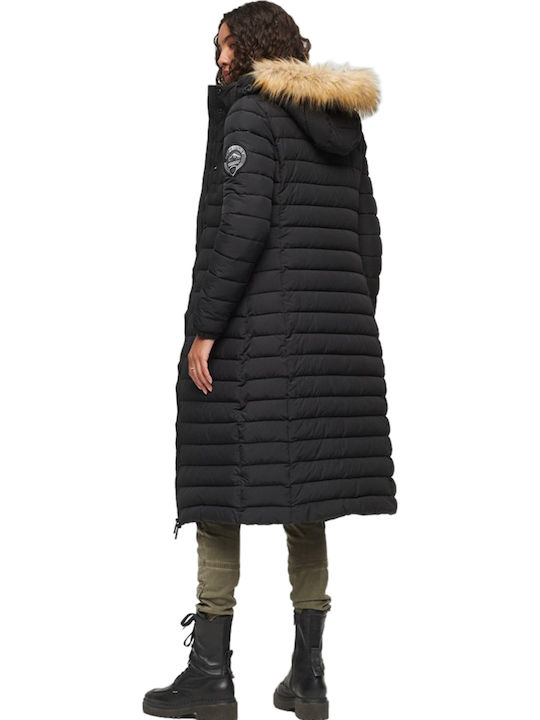 Fuji Women's Long Puffer Jacket for Winter with Hood Black
