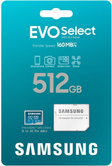 Samsung Evo Select 2024 microSDXC 512GB Klasse 10 U1 Hohe Geschwindigkeit mit Adapter