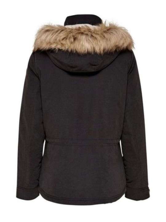 Women's Short Parka Jacket for Winter with Detachable Hood Black