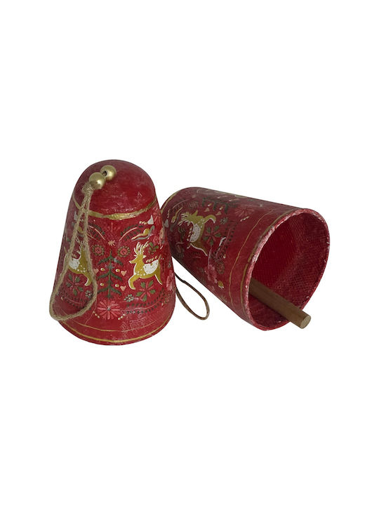 Artekko Xmas Red Wooden Decorative Bells 12.5x12.5x17 Cm 2 Pieces