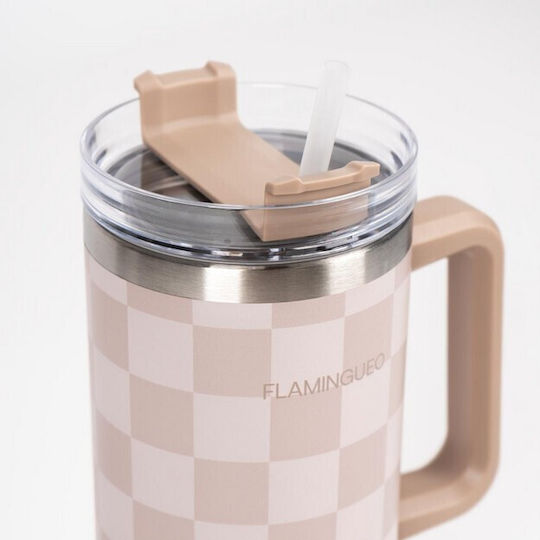 Flamingueo Handled Tumbler Θερμός Ανοξείδωτο 1.18lt Μπεζ με Καλαμάκι και Λαβή