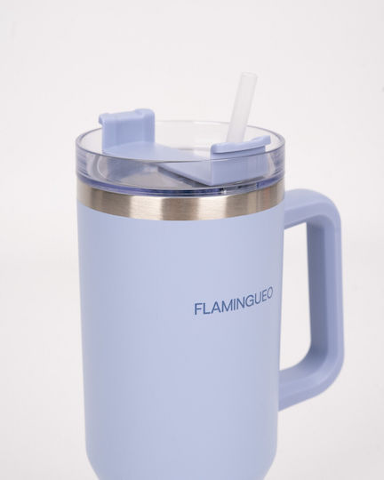 Flamingueo Handled Tumbler Θερμός Ανοξείδωτο 1.18lt Σιέλ με Καλαμάκι και Λαβή