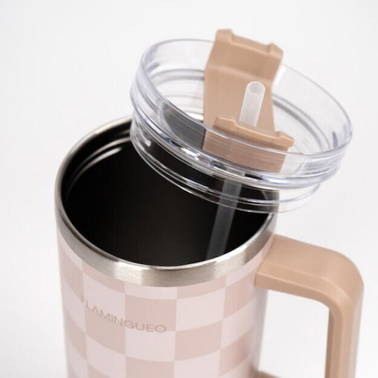Flamingueo Handled Tumbler Θερμός Ανοξείδωτο 1.18lt Μπεζ με Καλαμάκι και Λαβή