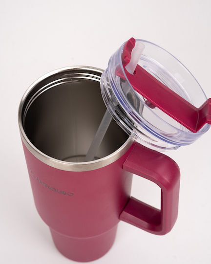 Flamingueo Handled Tumbler Stainless Steel 1.18L Burgundy with Straw and Handle