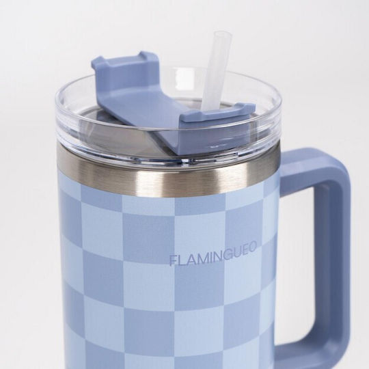 Flamingueo Μπουκάλι Θερμός Ανοξείδωτο 1.18lt Μπλε με Καλαμάκι και Λαβή