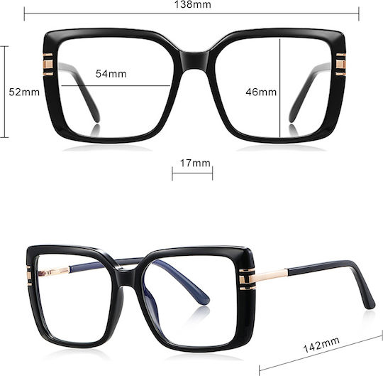 Techsuit Anti-Blue Light Glasses Reflex PC 2270 Women Oversized TR90 & Metal Frame AC Lens Black