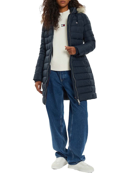 Women's Short Puffer Jacket for Winter with Detachable Hood Dark Blue
