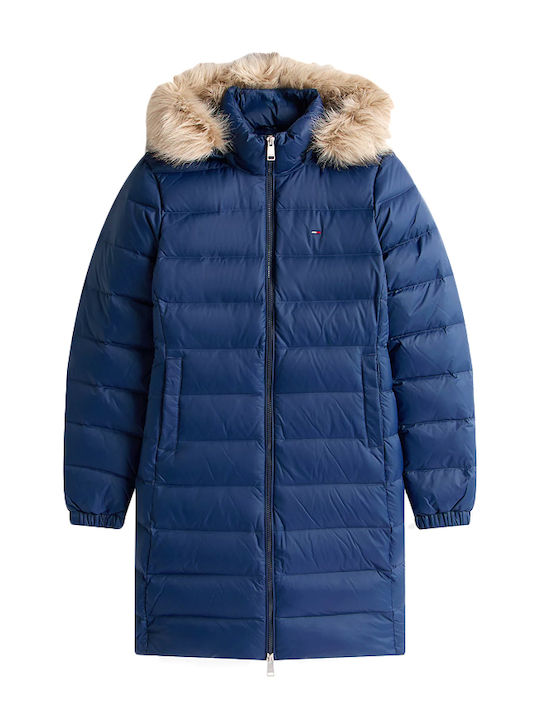 Women's Short Puffer Jacket for Winter with Detachable Hood Dark Blue