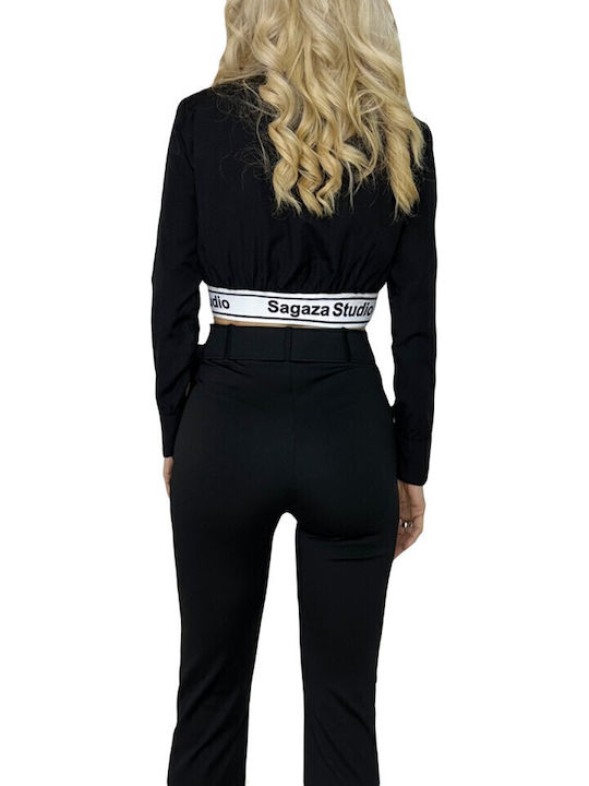 Bluza Damă Crop Top Bumbac Mânecă Lungă Neagră