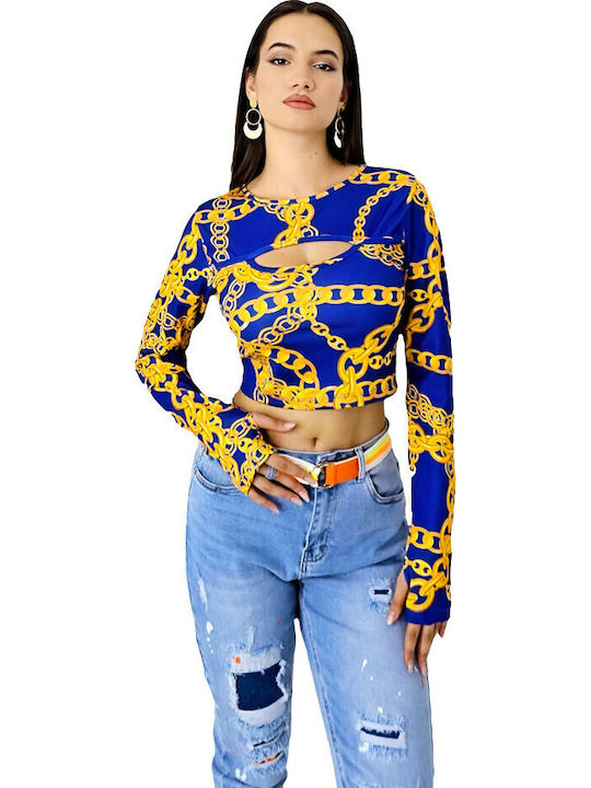 Damen Sommer Crop Top Langarm Blue