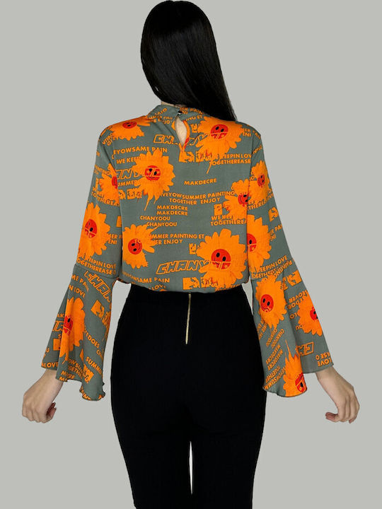 Bluza Damă De Vară Mânecă Lungă Cu Decolteu Tip Zâmbet Floral Portocaliu