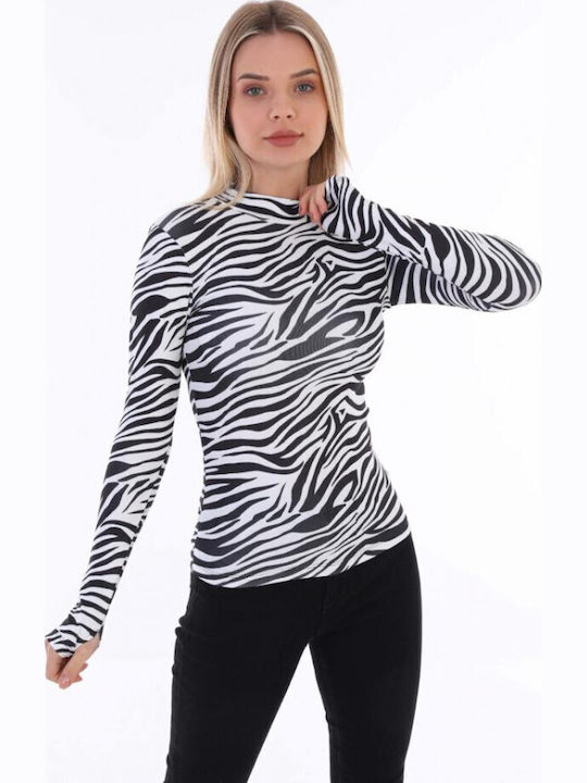 Bluza Damă Mânecă Lungă Crop Pulover Bumbac Cu Guler Înalt Animal Print Zebra