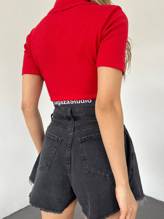 Bluza Damă Crop Top Mâneci Scurte Cu Dungi Roșie