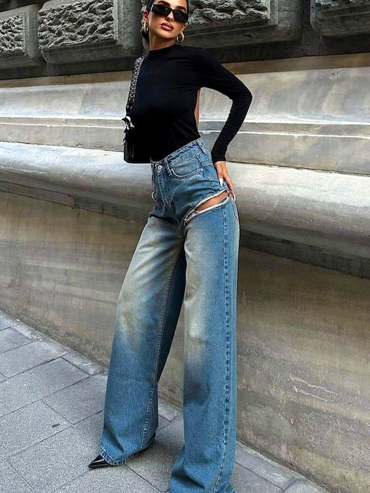 Ψηλόμεσο Γυναικείο Jean Παντελόνι σε Relaxed Εφαρμογή Blue