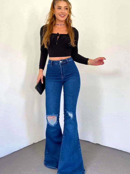 Hoch tailliert Damenjeans Schlaghose in Entspannter Passform Blue