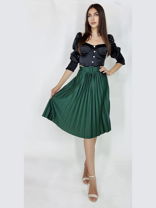 Leather Pleated Midi Skirt Green