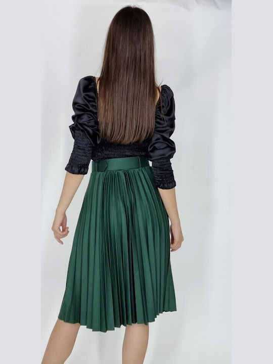Leather Pleated Midi Skirt Green