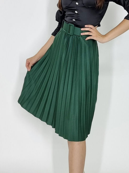 Leather Pleated Midi Skirt Green