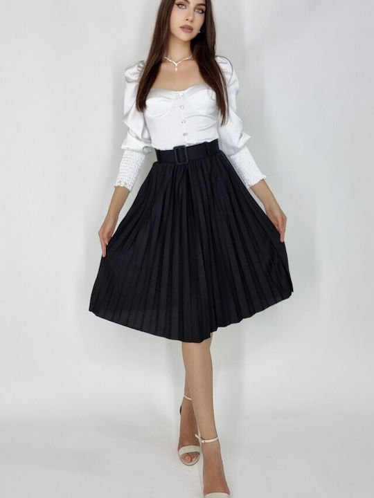 Piele Plisat Midi Fustă Black
