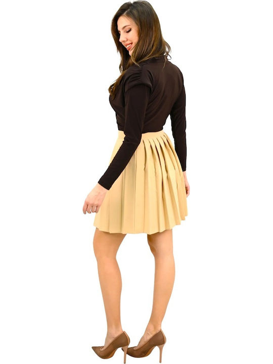 Pleated High-waisted Mini Skirt Beige