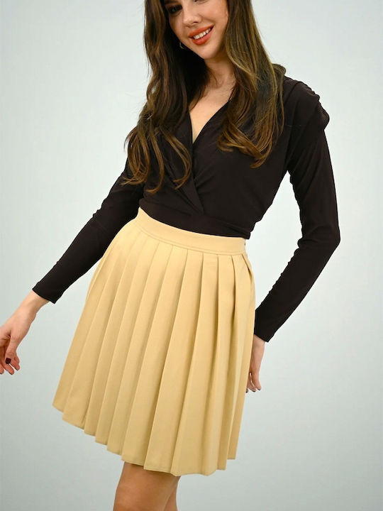 Plissiert Hoch tailliert Mini Rock Beige