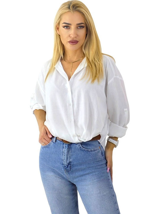Women's Denim Monochrome Long Sleeve Shirt White