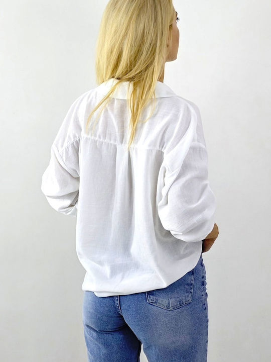Women's Denim Monochrome Long Sleeve Shirt White