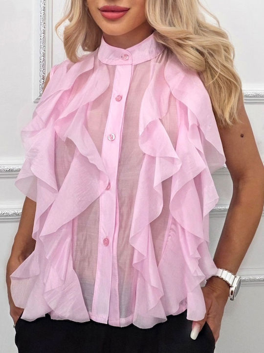 Ärmellos Damen Denim Hemd Pink Druck