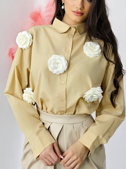 Langärmelig Damen Hemd Cream Blumen
