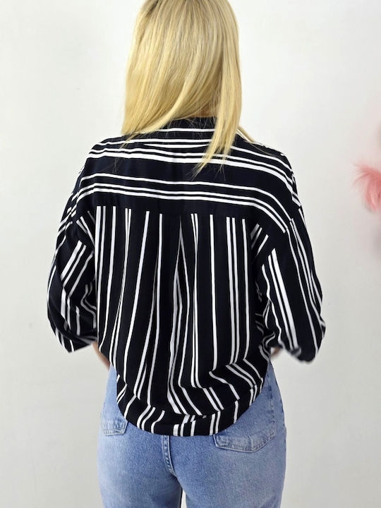 Langärmelig Damen Hemd Black/white Gestreift