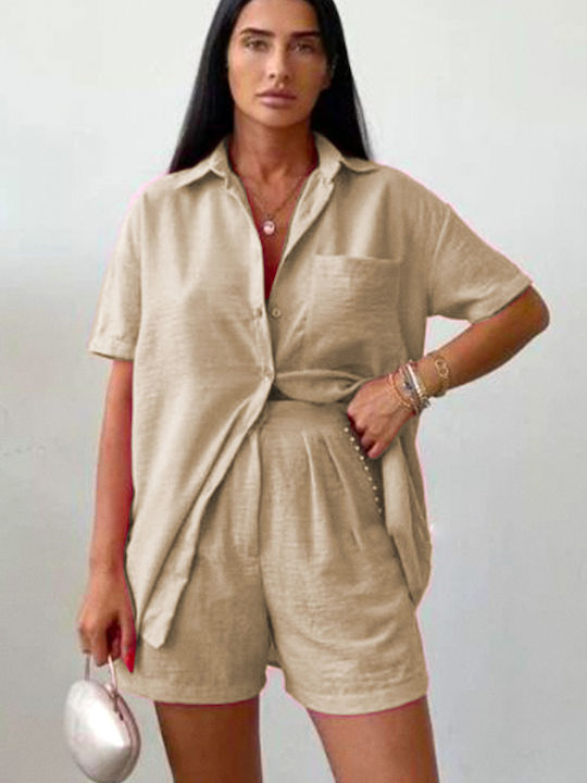 Γυναικείο Σετ με Τζιν Ψηλόμεσο Σορτς Beige
