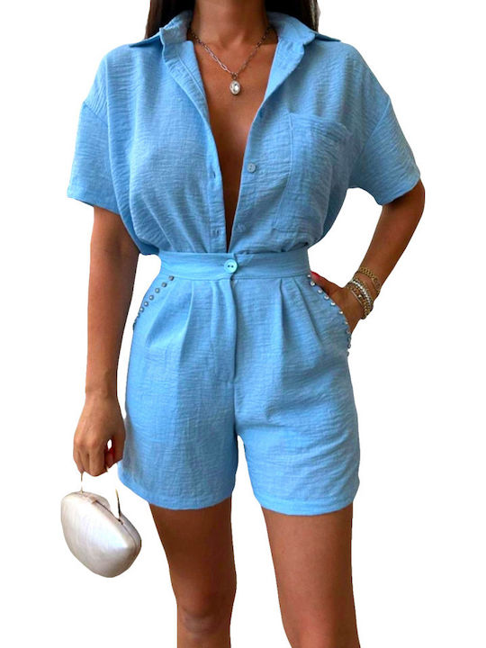Γυναικείο Σετ με Τζιν Ψηλόμεσο Σορτς Light Blue