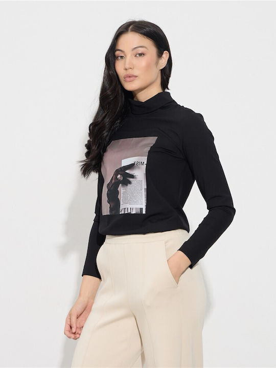 Damen Bluse Langärmelig Rollkragenpullover Schwarz