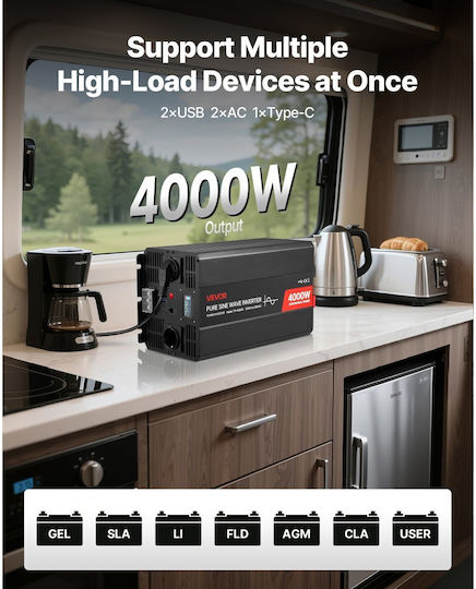 Vevor Inverter Αυτοκινήτου Καθαρού Ημιτόνου 4000W για Μετατροπή 12V DC σε 230V AC