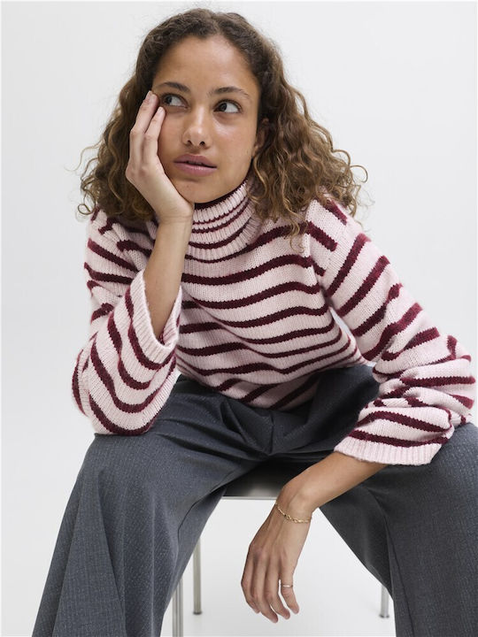 Women's Long Sleeve Crop Sweater Turtleneck Striped Pink