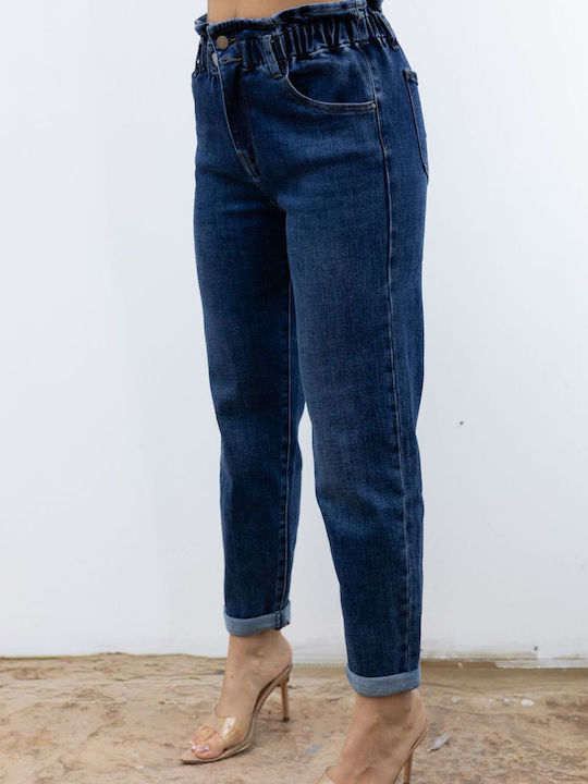High Waist Women's Jean Trousers in Paperbag Fit Blue