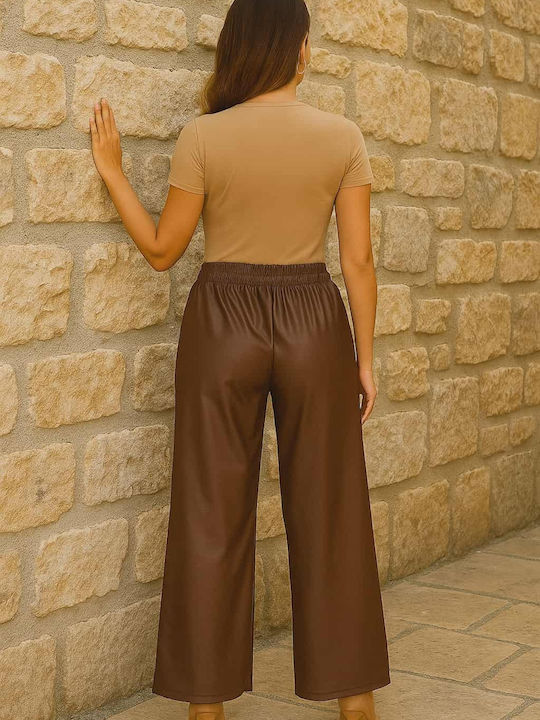 Plus Size Women's High-waisted Fabric Trousers with Elastic Brown