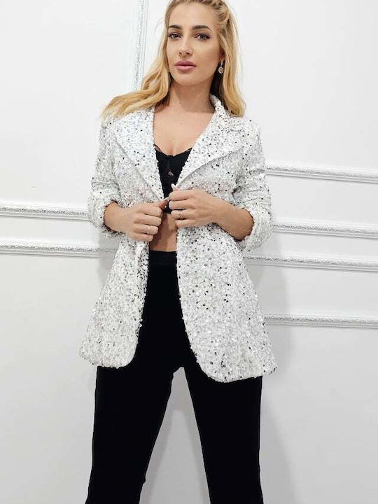 Lang Damen Blazer White mit Pailletten