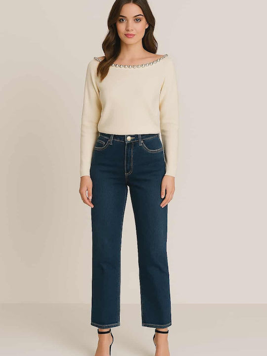 High Waist Women's Jean Trousers Push Up in Straight Line Dark-colored
