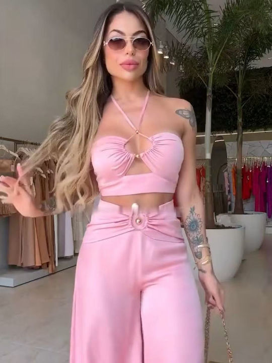 Γυναικείο Pink Σετ με Ψηλόμεσο Παντελόνι με Λάστιχο