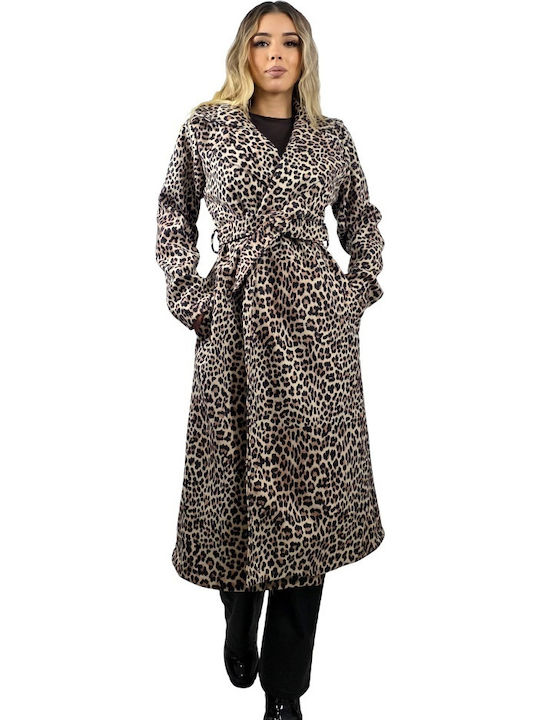 Кожа Дамско Леопард Cream Leopard Палто с кожени детайли