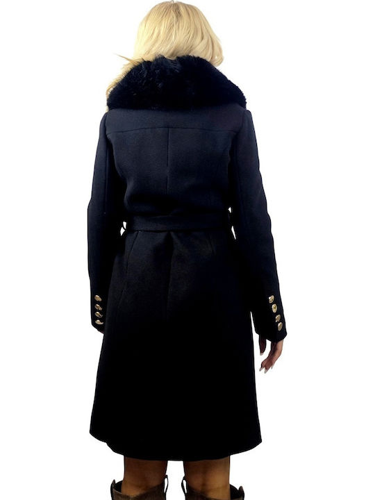 Wolle Damen Black Mantel mit Fellbesatz